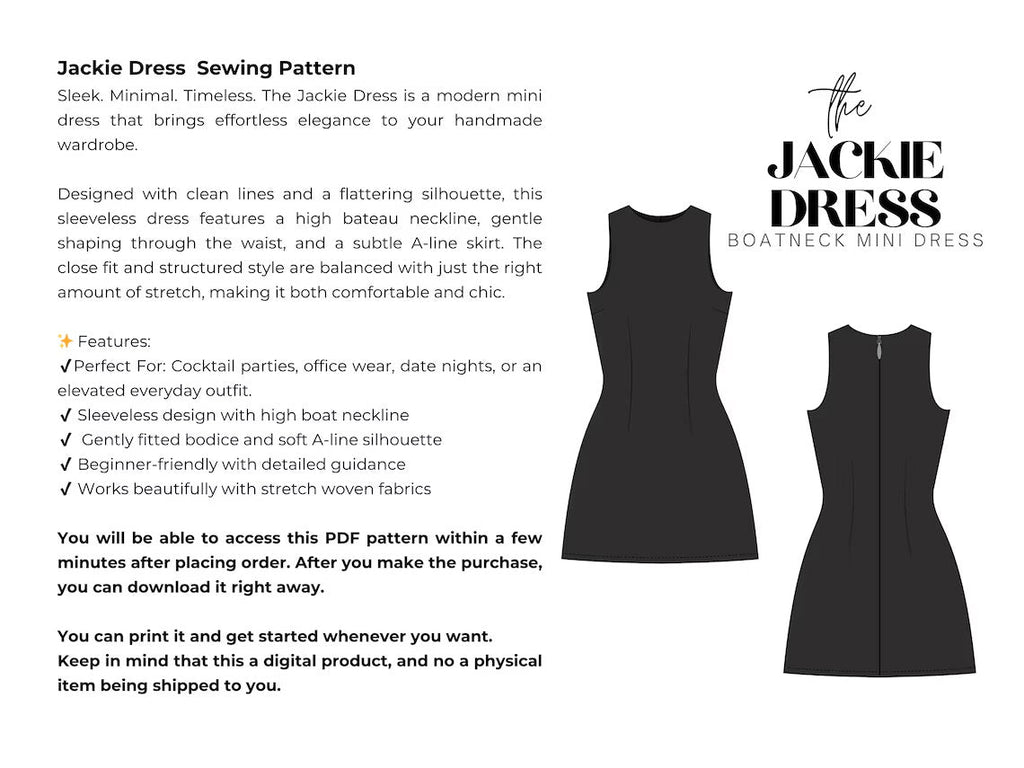 Jackie Dress Boat Neck Mini A-line Dress PDF Sewing Pattern, Easy Women Sleeveless Dress