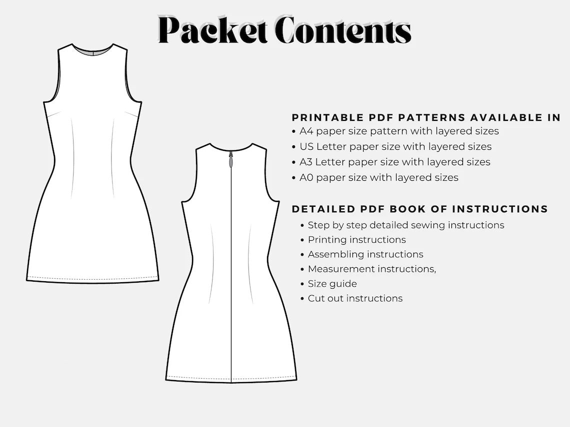 Jackie Dress Boat Neck Mini A-line Dress PDF Sewing Pattern, Easy Women Sleeveless Dress