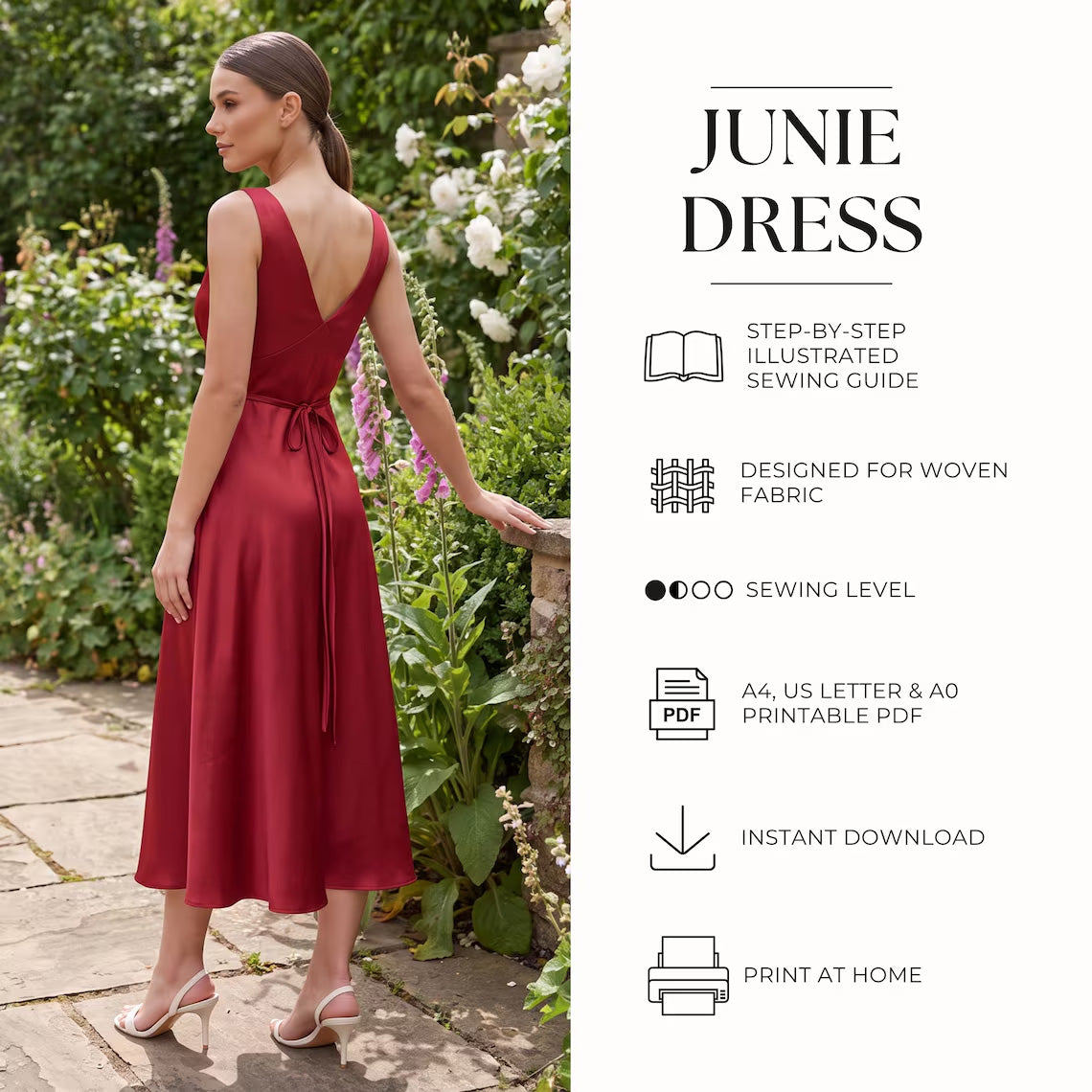 Evening Slip Dress Sewing Pattern PDF | V-Neck Bias Cut Dress US 0–22