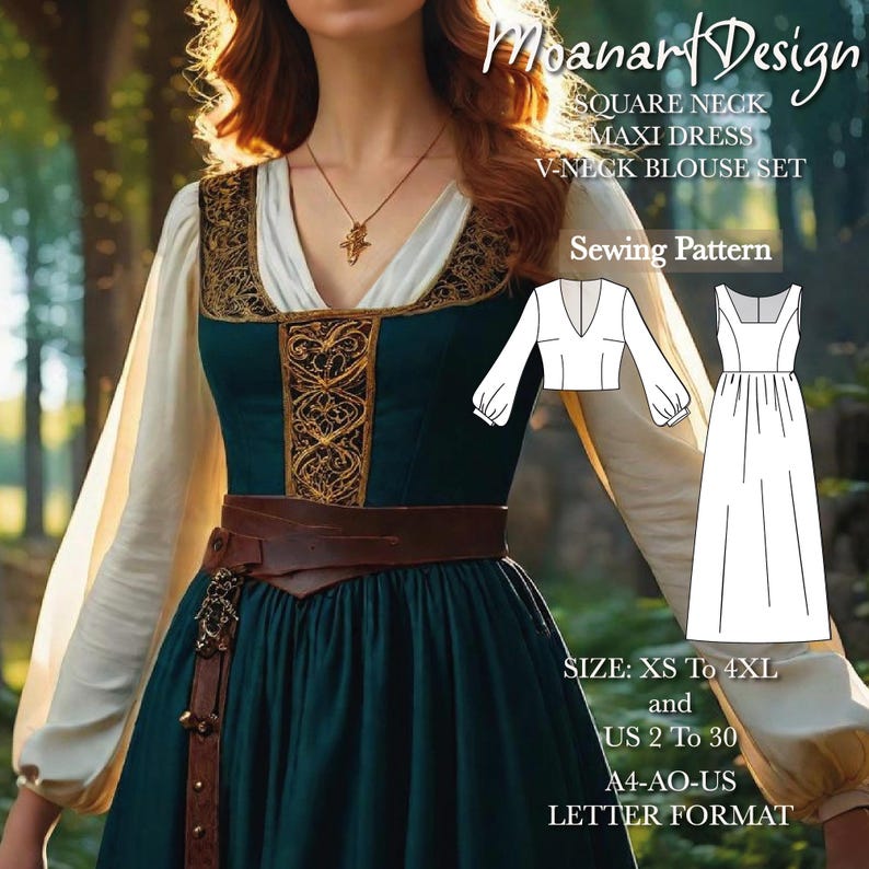 Medieval Maxi Dress Sewing Pattern – Renaissance Gown PDF US 02–30