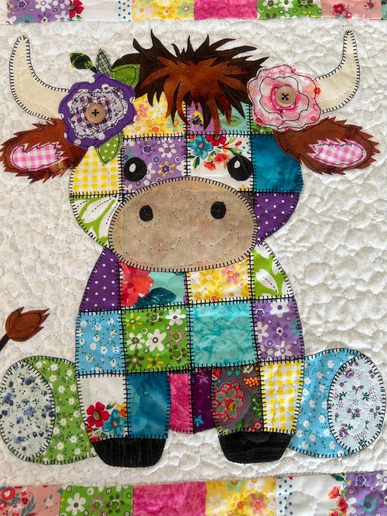 Patchwork Highland Cow Quilt Pattern: Applique Baby Blanket (PDF Download)