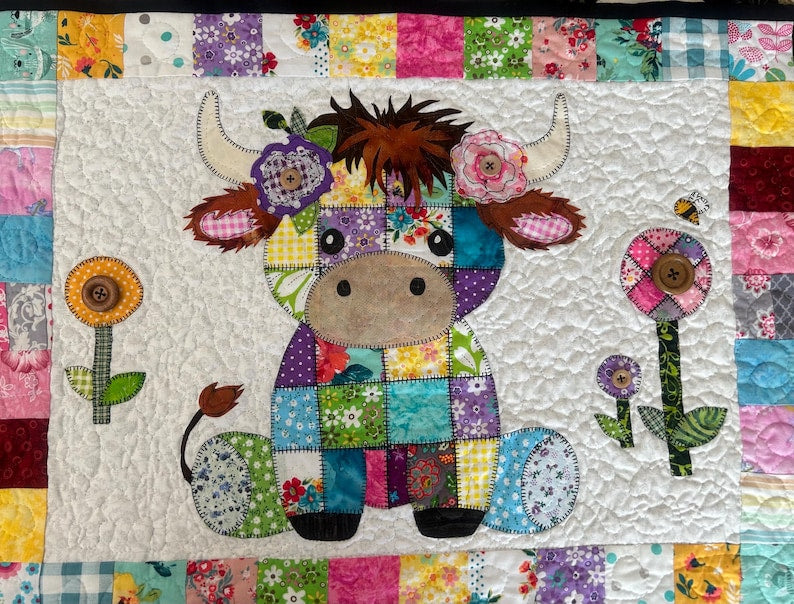 Patchwork Highland Cow Quilt Pattern: Applique Baby Blanket (PDF Download)