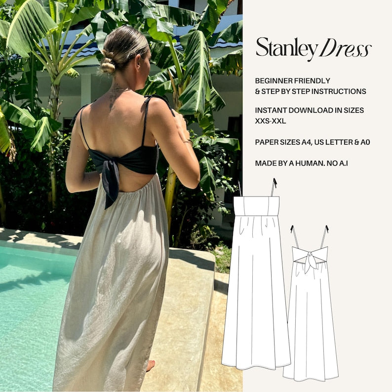 Tie Back Maxi Dress PDF Sewing Pattern: Linen Sundress (Sizes XXS-XXL)
